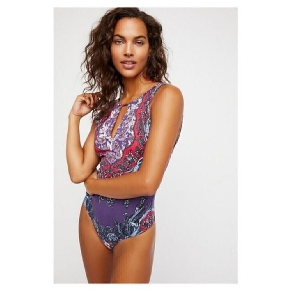 Free People Boho Paisley Bodysuit Womens Purple Keyhole Festival One Piece